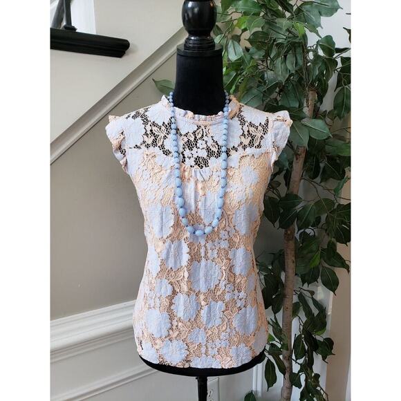 Monteau Women's Beige Floral Nylon Turtleneck Ruffled Sleeveless Top Blouse M - Picture 1 of 11